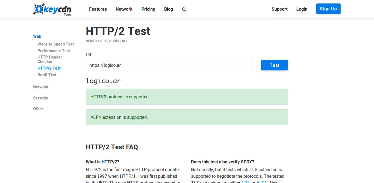 Resultado de test HTTP/2 keycdn